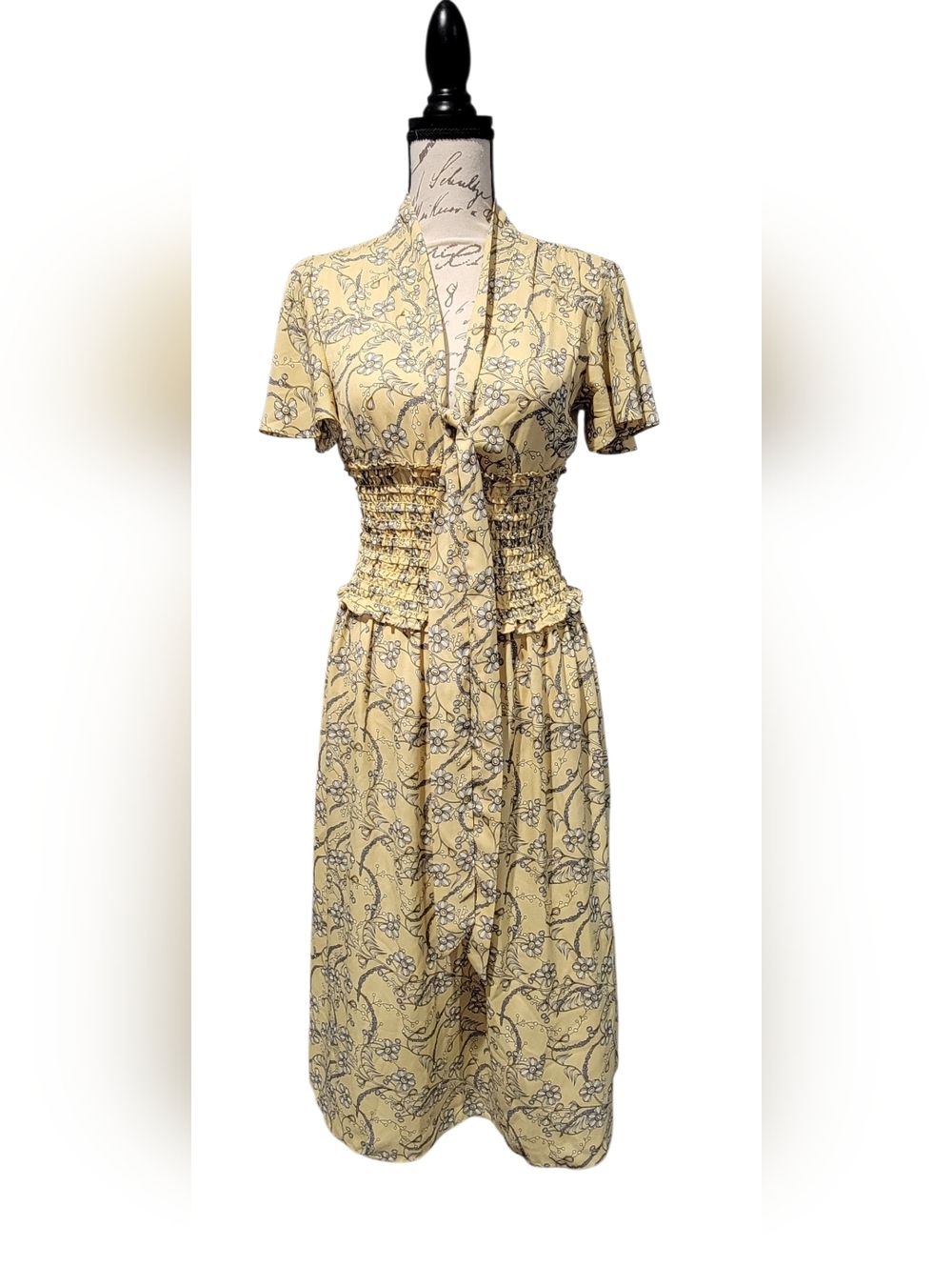 Max Studio Yellow Floral Smocked Waist Dress Size Small